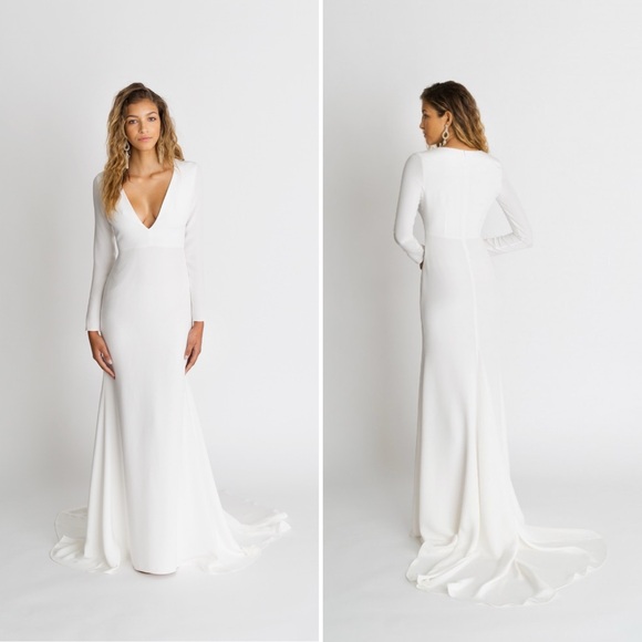 Alexandra Grecco Celine Gown Size 8 Ivory Wedding Dress Long Sleeve V Neck Train - Picture 1 of 16